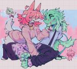 abstract_background ambiguous_gender anthro barefoot blue_background blush bob_cut bodily_fluids breasts btascandalist chibi claws clothing collar digital_media_(artwork) digital_painting_(artwork) digitigrade duo feet female fingerless_gloves flustered full-length_portrait fur gloves green_body green_hair grey_background hair hair_over_eyes handwear hi_res hoodie horn imp kneeling legwear love mammal painting_(artwork) pink_background pink_clothing pink_collar pink_hair pink_hoodie pink_topwear pointy_ears portrait romantic romantic_couple shaded shirt short_tail simple_background sitting suspenders sweat sweatdrop tail tapering_snout thigh_highs toe_claws topwear touching_hair twirling_hair white_body white_fur