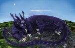 absurd_res black_body black_fur building building_destruction city city_destruction cityscape destruction feral fur glowing glowing_eyes glowing_nails glowing_tongue haid_drex(algaria) hi_res lying macro male paws shadow solo stomped taur tongue verger