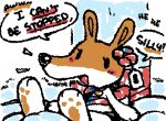 2026 ambiguous_anthro ambiguous_gender animated anthro archived_source biped black_eyes black_nose black_text blush brown_body brown_ears canid canine canis digital_drawing_(artwork) digital_media_(artwork) domestic_dog emanata empty_eyes english_text exclamation_point feet female_(lore) gift_wrapped giggle hindpaw laugh ligma_(artist) low_res mammal multicolored_body olive_(olive_the_other_reindeer) olive_the_other_reindeer open_mouth pawpads paws price_tag red_blush simple_eyes snout solo speech_bubble squigglevision stylized_empty_eyes text two_tone_body white_body wigglypaint_(artwork) wrapped
