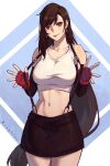  1girl bare_shoulders black_hair black_skirt blush breasts closed_mouth collarbone commentary crop_top earrings elbow_pads final_fantasy final_fantasy_vii final_fantasy_vii_remake fingerless_gloves gloves highres jewelry large_breasts long_hair looking_at_viewer low-tied_long_hair midriff navel phrecklesart red_eyes red_gloves single_arm_guard single_elbow_pad skirt smile solo suspender_skirt suspenders suspenders_pull tank_top teardrop_earrings tifa_lockhart white_tank_top 