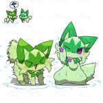 1:1 2026 2d_animation ambiguous_feral ambiguous_gender animated blush cheek_tuft cute_fangs duo eyes_closed facial_tuft fangs felid feline feral frame_by_frame fur generation_9_pokemon green_body green_fur green_tail kemono loop mammal nintendo one_eye_closed open_mouth open_smile pawpads paws pink_pawpads pokemon pokemon_(species) purple_eyes purple_pawpads shaking shaking_off_water shiny_pokemon short_tail signature simple_background smile speech_bubble sprigatito standing tail teeth tontaro tuft umbrella water watermark wet white_background
