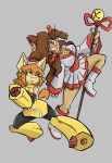 2026 absurd_res accessory alternate_costume anthro arm_cannon asian_clothing bell bell_collar boots bottomwear bow_ribbon breasts brown_body brown_ears brown_eyebrows brown_fur brown_hair canid canine ceroba_ketsukane cheek_tuft clothing clothing_swap collar cosplay crossover crossover_cosplay digital_drawing_(artwork) digital_media_(artwork) domestic_cat duo ear_tuft east_asian_clothing eyebrow_through_hair eyebrows facial_tuft felid feline felis female female_anthro fishnet_clothing fishnet_topwear footwear fox fur gameoverse glitch_productions grey_background hair hair_accessory hair_bow hair_ribbon hi_res japanese_clothing kimono kit_bodega long_hair looking_at_another mammal multiple_poses orange_hair orange_tail pink_eyes pose ranged_weapon red_clothing red_eyes ribbons sash shoes short_hair short_tail simple_background snoutless spandex staff tail tight_clothing topwear translucent translucent_hair tuft undertale undertale_(series) undertale_yellow weapon weapon_arm white_clothing yellow_body yellow_fur