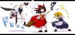  3girls :| aono3 black_hair black_wings blonde_hair bow braid broom brown_hair camera closed_mouth detached_sleeves geta hair_bow hakurei_reimu hat hat_removed headwear_removed highres implied_pantyshot kirisame_marisa letterboxed multiple_girls red_eyes shameimaru_aya short_hair simple_background spoken_ellipsis tengu-geta tokin_hat touhou white_background wind wings witch_hat 