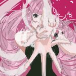  1girl aiming aiming_at_viewer attack black_dress blunt_bangs commentary dress drill_hair english_commentary half_updo haojoshiart highres long_hair one_piece open_mouth perona pink_background pink_hair solo sparkle upper_body watch wristwatch 