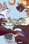 2:3 2_panel_comic absurd_res acha_(character) anthro blep canid canine comic dialogue digital_media_(artwork) duo ear_piercing eyewear female female/female finger_in_mouth fox fur giraffe giraffid glasses grey_body grey_fur hair hand_in_mouth hi_res humor looking_at_another mammal meme oral_vore orange_hair paws piercing sicsoma text tongue tongue_out unwilling_prey vore white_text zoe_(character)