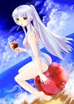  angel_beats! ball beachball blue_hair food highres komota long_hair mapo_doufu mouth_hold one-piece_swimsuit ponytail sitting solo spoon swimsuit tenshi_(angel_beats!) yellow_eyes 