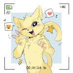 1:1 2025 ambiguous_anthro ambiguous_gender anthro battery_life biped chest_tuft digital_drawing_(artwork) digital_media_(artwork) domestic_cat felid feline felis flat_colors front_view fur fur_tuft gesture hand_gesture handpaw heart_in_pupils heart_reaction hi_res mammal monotone_body monotone_fur nude nude_ambiguous nude_anthro one_eye_closed open_mouth open_smile paws pictographics pose recording_video simple_background slim slim_ambiguous slim_anthro smile solo sparkles timer tuft v_sign vitame83 white_background wink yellow_body yellow_fur