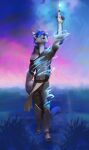 abs anthro armor athletic black_nose blue_eyes blue_hair canid canine canis cheek_tuft clothing cool_colors detailed_background facial_tuft footwear foreground_silhouette front_view full-length_portrait furgonomic_footwear furgonomics gesture hair hand_gesture headgear helmet hi_res holding_armor holding_headgear holding_helmet holding_object korichi looking_up magic male male_anthro mammal open_mouth outside pecs plantigrade pointing pointing_up portrait solo standing tuft undressing_self wolf