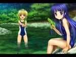  blonde_hair blue_hair duplicate fang furude_rika hairband higurashi_no_naku_koro_ni houjou_satoko long_hair multiple_girls mutsuki_(moonknives) one-piece_swimsuit purple_eyes red_eyes river school_swimsuit short_hair sitting smile standing swimsuit tree wading water water_gun 