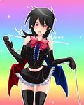  alternate_costume alternate_wings bat_wings black_hair black_legwear blush bow bowtie dress elbow_gloves gloves highres houjuu_nue microphone pointy_ears red_eyes rui_(hershe) short_hair solo thighhighs touhou wings zettai_ryouiki 