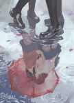  2girls black_hair black_shoes black_socks black_thighhighs blue_skirt commentary_request dated highres holding holding_umbrella jacket kiss kneehighs loafers love_live! love_live!_school_idol_project medium_hair multiple_girls nishikino_maki red_hair red_jacket red_umbrella reflection reflection_focus shirt shoes skirt socks surfacedxxc thighhighs umbrella white_shirt yazawa_nico yuri 