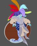 anthro armadillo armor big_hat breastplate claws clothing fantasy feathers greaves hi_res leaning long_ears long_tail male mammal oversized_clothing shell shield simple_background smile smirk snout solo tail villegreen whiskers xenarthran