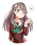  1girl absurdres blowing_kiss breasts brown_dress brown_hair collarbone commentary_request dress fujishima_megumi green_neckerchief hasu_no_sora_school_uniform heart highres kanzaki_gou long_hair long_sleeves looking_at_viewer love_live! love_live!_hasu_no_sora_jogakuin_school_idol_club medium_breasts neckerchief purple_eyes sailor_collar sailor_dress school_uniform simple_background solo speech_bubble spoken_heart two_side_up virtual_youtuber white_background white_sailor_collar winter_uniform 