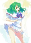  ahoge bow contrapposto fang green_hair macross macross_frontier open_mouth panties pantyshot pleated_skirt ranka_lee sage_joh school_uniform short_hair skirt smile solo standing underwear white_panties wind wind_lift yellow_eyes 