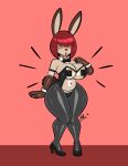 2026 absurd_res after_transformation alternate_species anthro big_breasts black_clothing black_footwear black_high_heels black_latex black_leggings black_legwear bow_tie breasts brown_body brown_fur bunny_costume clothed clothed_anthro clothed_female clothing costume erita_(feyro) female footwear fur hair hair_over_eyes hi_res high_heels lagomorph latex latex_clothing latex_leggings latex_legwear latex_leotard leggings legwear leotard leporid lettuce_(artist) mammal rabbit red_hair shoes shortstack solo tail translucent translucent_elbow_gloves translucent_latex wide_hips
