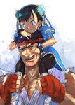  1girl black_hair blue_eyes boots bracelet bun_cover child china_dress chinese_clothes chun-li double_bun dress finger_in_mouth fingerless_gloves fingersmile gloves grin headband jewelry kitano_yuusuke muscle pantyhose pelvic_curtain ryuu_(street_fighter) short_hair smile spiked_bracelet spikes street_fighter thighs 