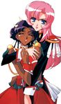  90s absurdres aiguillette blue_eyes closed_eyes crown dark_skin dress earrings epaulettes glasses hasegawa_shin'ya highres himemiya_anthy holding hug jewelry long_hair multiple_girls official_art pink_hair purple_hair scan shoujo_kakumei_utena tenjou_utena yuri 