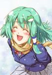 alternate_costume blush chiro_(suzuka98) frog green_hair hair_ornament kochiya_sanae scarf school_uniform solo touhou 