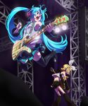  aqua_eyes aqua_hair bad_id bad_pixiv_id blonde_hair blue_eyes detached_sleeves fernandes_guitars guitar hair_ornament hair_ribbon hairclip hatsune_miku headphones instrument jumping kagamine_rin key-l_makiu long_hair multiple_girls ribbon short_hair shorts stage thighhighs twintails very_long_hair vocaloid zettai_ryouiki 