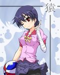  bakemonogatari bandages basketball blue_hair brown_eyes index_finger_raised k10k kanbaru_suruga monogatari_(series) one_eye_closed pointing school_uniform short_hair solo 