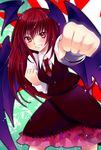  bad_id bad_pixiv_id bat_wings blush clenched_hands clenched_teeth embellished_costume foreshortening frills grin head_wings koakuma lace light_particles long_hair punching red_eyes red_hair smile solo teeth touhou wings yukian 