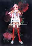  90s alternate_costume bangs blue_eyes epaulettes flower high_heels highres holding holding_weapon jewelry long_hair long_legs looking_at_viewer medal miniskirt official_art parted_bangs parted_lips pink_hair ring rose saitou_chiho shoujo_kakumei_utena skirt solo sword tenjou_utena traditional_media uniform weapon 