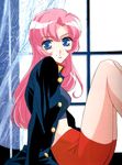  90s absurdres blue_eyes hasegawa_shin'ya highres long_hair official_art pink_hair scan shoujo_kakumei_utena sitting smile solo tenjou_utena 