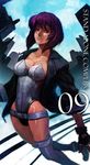  belt breasts cleavage fingerless_gloves ghost_in_the_shell gloves jacket kusanagi_motoko lack large_breasts leotard loose_belt purple_hair red_eyes solo thighhighs 