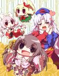  bow brown_hair chibi ex-keine fujiwara_no_mokou green_hair hair_bow hair_ribbon hat heart horns houraisan_kaguya kamishirasawa_keine long_hair multiple_girls ribbon sayuu_hanten silver_hair suspenders tail touhou wide_face yagokoro_eirin 