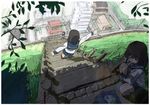  backpack bad_id bad_pixiv_id bag black_hair blush field flower from_above hill lens_flare multiple_girls original outstretched_arms perspective school_uniform shade sketch spread_arms stairs town tree yoshihara_tatsuya 