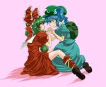  backpack bad_id bad_pixiv_id bag blue_eyes blue_hair front_ponytail green_eyes green_hair hair_bobbles hair_ornament hair_ribbon hat jin_kashiwagi kagiyama_hina kawashiro_nitori multiple_girls ribbon short_hair touhou twintails two_side_up yuri 