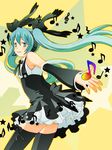  7melon aqua_eyes aqua_hair bad_id bad_pixiv_id detached_sleeves gothic_(module) hair_ribbon hatsune_miku highres long_hair musical_note necktie project_diva project_diva_(series) ribbon smile solo thighhighs twintails vocaloid zettai_ryouiki 