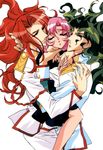  2boys 90s absurdres aiguillette barefoot closed_eyes green_hair hasegawa_shin'ya highres hug kiryuu_touga long_hair multiple_boys official_art pink_hair red_hair saionji_kyouichi scan school_uniform shoujo_kakumei_utena tenjou_utena 