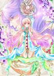  1girl armband blue_eyes dress flower headset kamui_gakupo kneeling long_hair megurine_luka pink_hair purple_hair riria very_long_hair vocaloid 