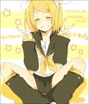  bad_id bad_pixiv_id blonde_hair double_v grin hair_ornament hair_ribbon hairclip kagamine_rin mono_(recall) ribbon short_hair shorts sitting smile solo v vocaloid 