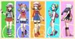  :d backpack bag bandana beanie bike_shorts blue_(pokemon) blue_eyes blue_hair boots bream-tan brown_eyes brown_hair column_lineup crystal_(pokemon) haruka_(pokemon) hat hat_ribbon hikari_(pokemon) holding holding_poke_ball kotone_(pokemon) long_hair multiple_girls open_mouth pink_footwear poke_ball pokegear pokemon pokemon_(game) pokemon_dppt pokemon_frlg pokemon_gsc pokemon_hgss pokemon_rse porkpie_hat red_ribbon ribbon scarf skirt smile thighhighs vs_seeker 