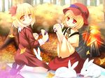  aki_minoriko aki_shizuha autumn bad_hands bad_id bad_pixiv_id blonde_hair bunny eating fire food hair_ornament hat hatiware highres leaf leaf_hair_ornament multiple_girls short_hair siblings sisters sweet_potato touhou yakiimo 