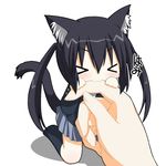  &gt;_&lt; :3 animal_ear_fluff animal_ears animated animated_gif biting blush cat_ears cat_tail chibi closed_eyes finger_biting k-on! kneehighs kohinata_sora long_hair lowres minigirl nakano_azusa school_uniform skirt socks solo tail tears translated twintails x3 