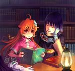  1girl ahoge blush book frontier_town gloves lamp library lina_inverse purple_hair red_eyes red_hair slayers xelloss 