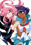  90s absurdres blue_sailor_collar dark_skin hasegawa_shin'ya highres himemiya_anthy multiple_girls official_art ootori_gakuen_school_uniform pink_hair purple_hair sailor_collar scan school_uniform shoujo_kakumei_utena tenjou_utena white_background 