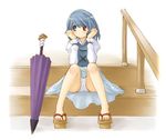  blue_hair chin_rest geta heterochromia karakasa_obake kasuga_yukihito panties purple_umbrella short_hair sitting solo tatara_kogasa touhou umbrella underwear upskirt 