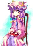  bad_id bad_pixiv_id book chair crescent hair_ribbon hat miya_(tsumazukanai) patchouli_knowledge purple_eyes purple_hair ribbon sitting solo touhou 