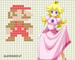  1girl blush breasts cleavage crown dress mario mario_(series) nintendo pixel_art princess_peach smile solo super_mario super_mario_bros. 