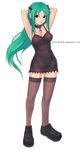  armpits arms_behind_head arms_up braid breasts choker cleavage cross dress green_hair hoon_park_jeong legs long_hair medium_breasts original red_eyes shoes short_dress smile solo thighhighs transparent_background very_long_hair zettai_ryouiki 