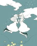  aqua_background bad_id bad_pixiv_id barefoot cloud copyright_request fish floating holding_hands monochrome multiple_girls sketch spot_color star tamiko yuri 