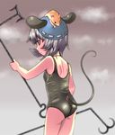  animal_ears ass backlighting cloud grey_hair highres mepikari mouse mouse_ears mouse_tail nazrin one-piece_swimsuit red_eyes school_swimsuit short_hair solo swim_cap swimsuit tail touhou 