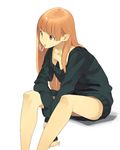  bangs blunt_bangs bottomless cigarette downblouse dress hama_(22ji_kara_24ji) highres legs long_hair orange_hair original red_eyes sitting smoking solo sweater sweater_dress 