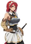  armor asahikawa cecily_cambell gloves leotard red_eyes red_hair seiken_no_blacksmith smile solo sword thighhighs weapon 