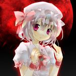  blood bow hat jin_rikuri moon pink_hair purple_eyes red_moon remilia_scarlet short_hair solo touhou wristband 