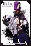  black_hair blue_eyes braid chain ciel_phantomhive eyepatch gesture hat hip_hop hood hoodie jewelry kuroshitsuji long_hair male_focus multiple_boys nail_polish official_art radio red_eyes scan sebastian_michaelis silver_hair toboso_yana undertaker_(kuroshitsuji) 